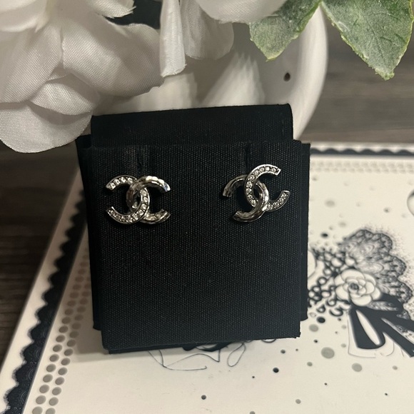 CHANEL Silver Mini Crystal CC Earrings - Picture 1 of 9